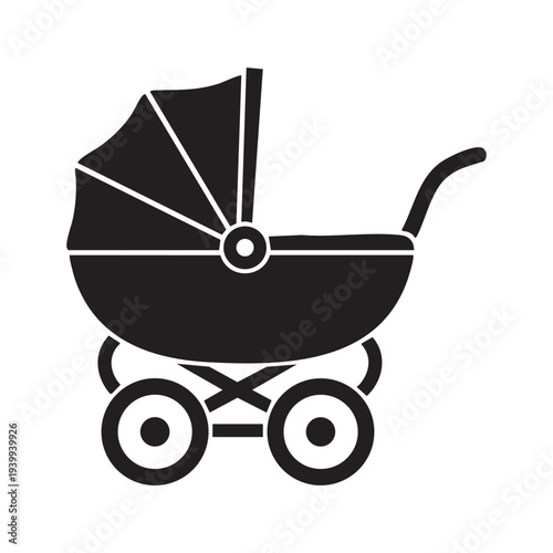 A black silhouette of a baby stroller
