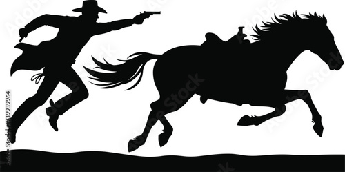 Black silhouette of a cowboy with guns chasing a running horse in the wild west isolated on a white background