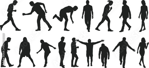 Black silhouettes of diverse men and women in various active poses including leaning, walking, running, and gesturing, isolated on white background