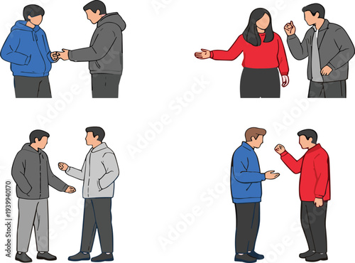 Flat illustration set of people arguing and discussing, angry conversation gestures, disagreement communication concept, conflict dialogue cartoon characters
