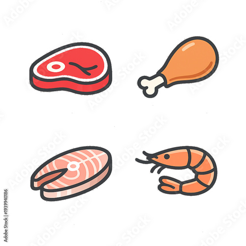 Food icon set with seafood and vegetables in two styles, line art and solid glyph, featuring a scallop shell, salmon steak, dumpling, tomato slice, and fresh herb sprig