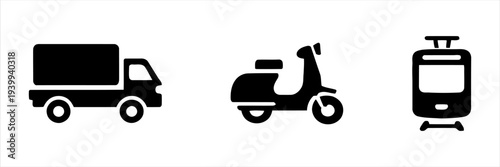 Diverse ground transportation options truck, scooter, and train icons representing mobility