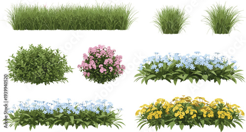 Set of realistic garden plants including green grass tufts flowering bushes with pink yellow and blue blossoms for landscape design and architectural visualization