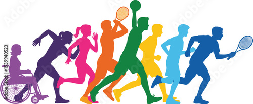 Colorful silhouettes of diverse athletes including wheelchair user running and playing sports representing inclusivity, diversity, community, and active healthy lifestyle