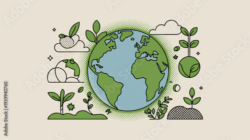 Earth surrounded by green plants leaves and clouds on beige background symbolizing eco friendly environment and sustainability