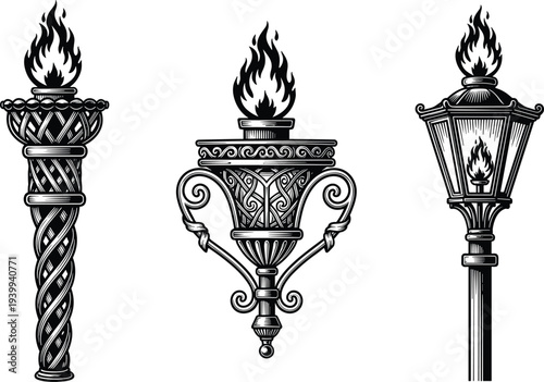 Set of vintage flaming torch and lantern illustrations featuring decorative metalwork intricate engraving style and fire flames isolated on white background flat vector design
