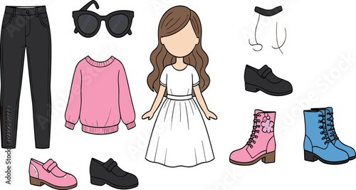 Hand Drawn Fashion Doll Dress Up Vector Set with Clothes Shoes Jeans Sweater Sunglasses and Accessories for Girls