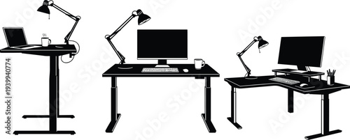 Collection of black office desk silhouettes featuring ergonomic standing desks with laptops monitors lamps and coffee mugs isolated on a white background vector