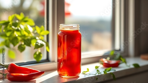 A jar of homemade chili oil on a sunny windowsill, vibrant red color. menu design, packaging mockups, designed for food delivery and cloud-kitchen brand materials.