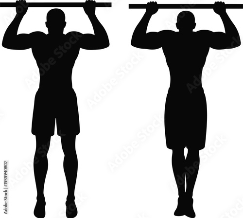 Fitness silhouettes performing pull-ups, strength training, upper body exercise, gym workout, muscular figures, bar exercise illustration, physical fitness, bodybuilding artwork