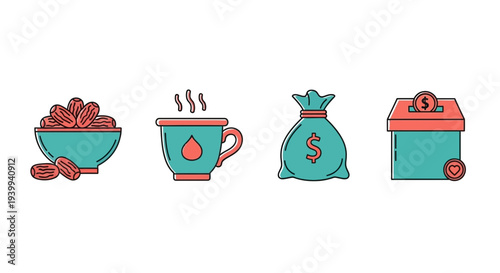 Set of vector icons dates tea money bag donation box isolated