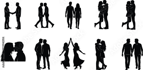Diverse collection of romantic couple silhouettes including gay and lesbian pairs holding hands kissing dancing and embracing in flat vector illustration style silhouette