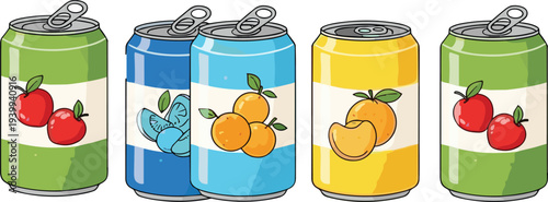 Hand Drawn Fruit Soda Can Vector Set with Apple Orange Mango Blueberry Beverage Aluminum Drink Cans Illustration