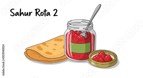 Jar of jam with a spoon and flatbread on a white background illustration