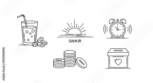 Minimalist ramadan icons sunrise alarm dates coins donations and drink
