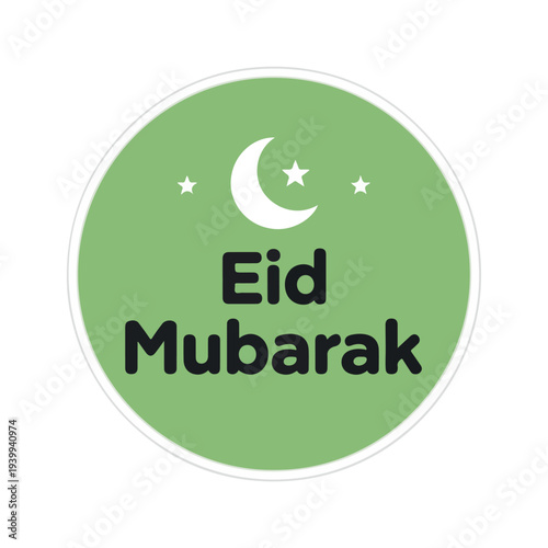 A green circular graphic with the text "Eid Mubarak" in bold black letters, adorned with a crescent moon and stars, symbolizing Islamic celebrations.