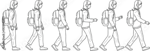 Vector line art animation sequence of girl with backpack and headphones walking in side view for student lifestyle motion graphic and storyboard