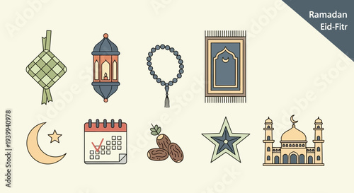 Ramadan eid fitr illustration elements icons of celebration and observance