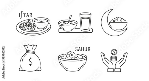 Ramadan food and elements vector illustrations for religious concept