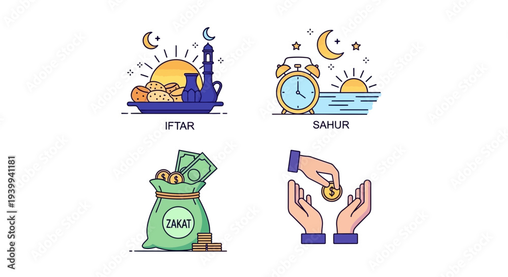 Naklejka premium Ramadan icons iftar sahur zakat charity illustrations for religious concepts