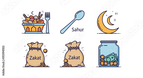 Ramadan icons food crescent moon charity and savings for islamic observance