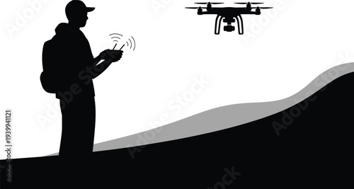 Drone pilot controlling quadcopter with remote controller silhouette vector illustration, aerial photography and modern UAV technology concept