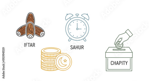 Ramadan icons iftar dates clock coins hand giving charity isolated vector