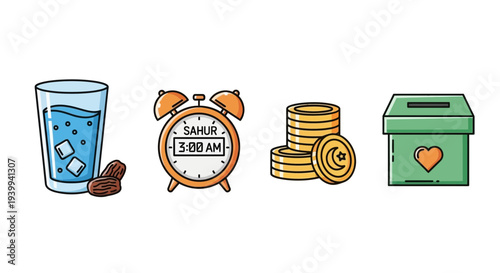Ramadan icons water glass clock coins and charity box on white