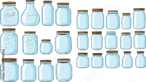 Hand Drawn Glass Jar Collection Vector Illustration with Wooden Lids Mason Bottles Storage Containers Kitchen Packaging Set