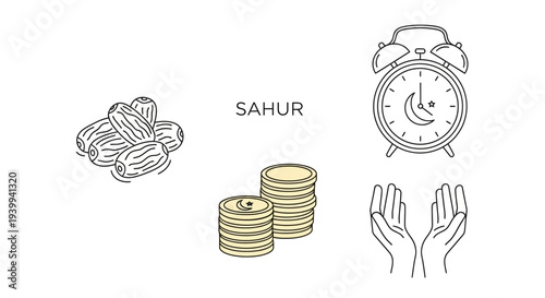 Ramadan illustration featuring dates coins clock and praying hands