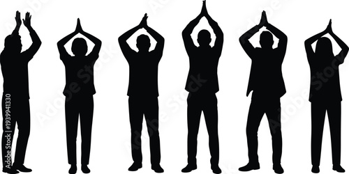 Group silhouettes in yoga, prayer, meditation, synchronized posture, raised arms, unity, exercise routine, spiritual practice, fitness illustration, coordinated body movement artwork
