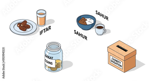 Ramadan illustration featuring food donation box and coins isometric view