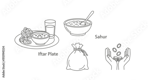Ramadan illustration iftar and sahur plates with charity and food elements