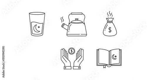 Religious icons glass kettle money bag hands and coin book crescent