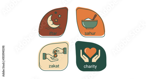 Religious symbols and icons representing fasting and charity on white backdrop