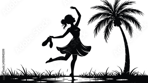 Happy girl dancing near palm tree silhouette vector illustration, carefree summer moment, tropical nature scene and joyful lifestyle concept