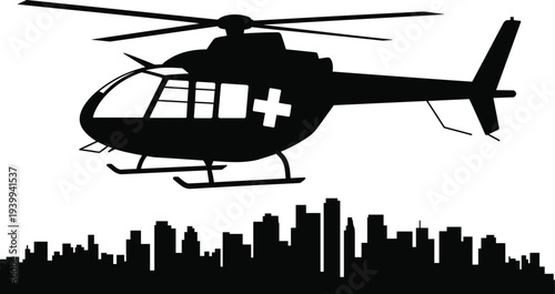 Medical rescue helicopter flying over city skyline silhouette vector illustration, emergency air ambulance service concept, healthcare transport and urban rescue