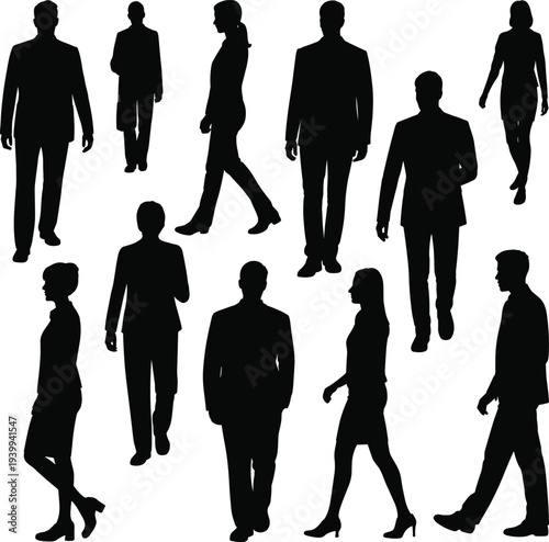 Large set of black silhouettes of professional businessmen and businesswomen walking and standing in various poses isolated on white background