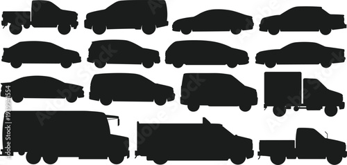 Large set of black silhouettes of various vehicles including pickup trucks, delivery vans, sedans, SUVs, and cargo trucks for logistics