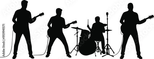 Rock Band Performance Silhouette with Guitarists and Drummer Playing Music on Stage Isolated for Concert and Entertainment Design