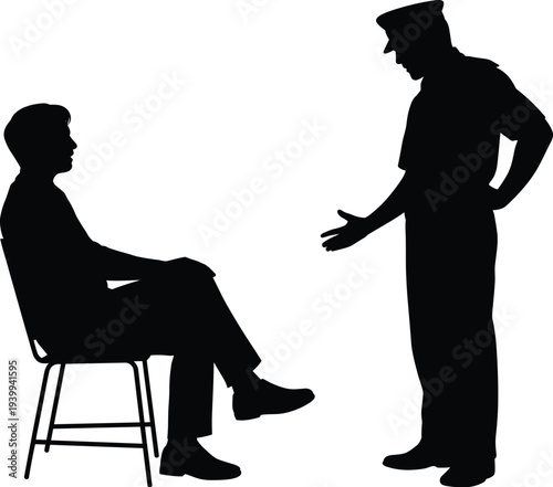 Police officer silhouette with civilian, interrogation scene, authority posture, law enforcement, questioning illustration, official dialogue, investigation artwork, justice, public safety