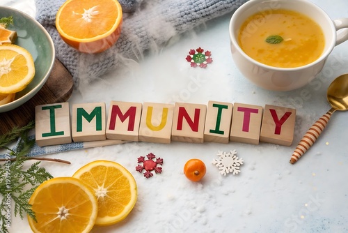 Wooden blocks spelling immunity surrounded by oranges and soup