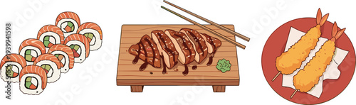 Hand Drawn Japanese Street Food Vector Set Featuring Sushi Rolls Teriyaki Chicken on Wooden Board and Crispy Shrimp Tempura