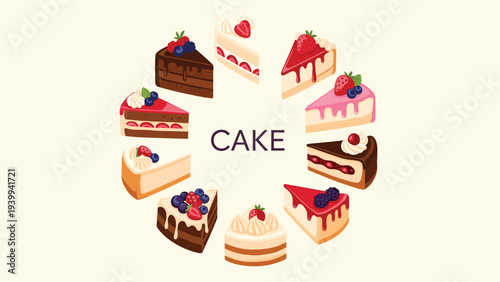 Circular layout features twelve different slices of gourmet cakes and cheesecakes with fruit toppings surrounding the word CAKE.