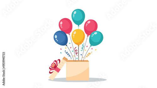 Bright colorful balloons and confetti pop out of an open cardboard gift box to celebrate a special occasion or surprise party.