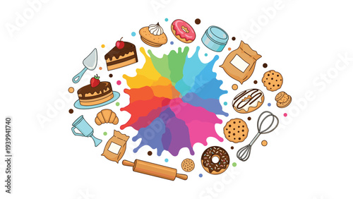 Oval frame features colorful paint splashes surrounded by various cookies, donuts, and baking utensils for a creative food concept.