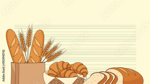 Selection of freshly baked breads including croissants and baguettes are arranged with wheat stalks against a striped background.