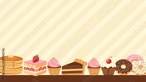 Delicious row of sweet desserts including pancakes, cupcakes, cakes, and donuts are lined up along the bottom of a striped background.