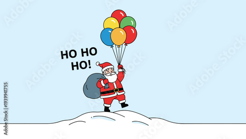 Traditional Santa Claus walks across a snowy hill carrying a bag of presents and holding a bunch of bright colorful balloons.