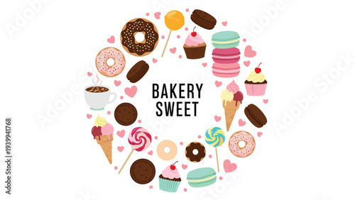 Circular frame features a variety of colorful macarons, cupcakes, donuts, and ice cream around the text Bakery Sweet on white.